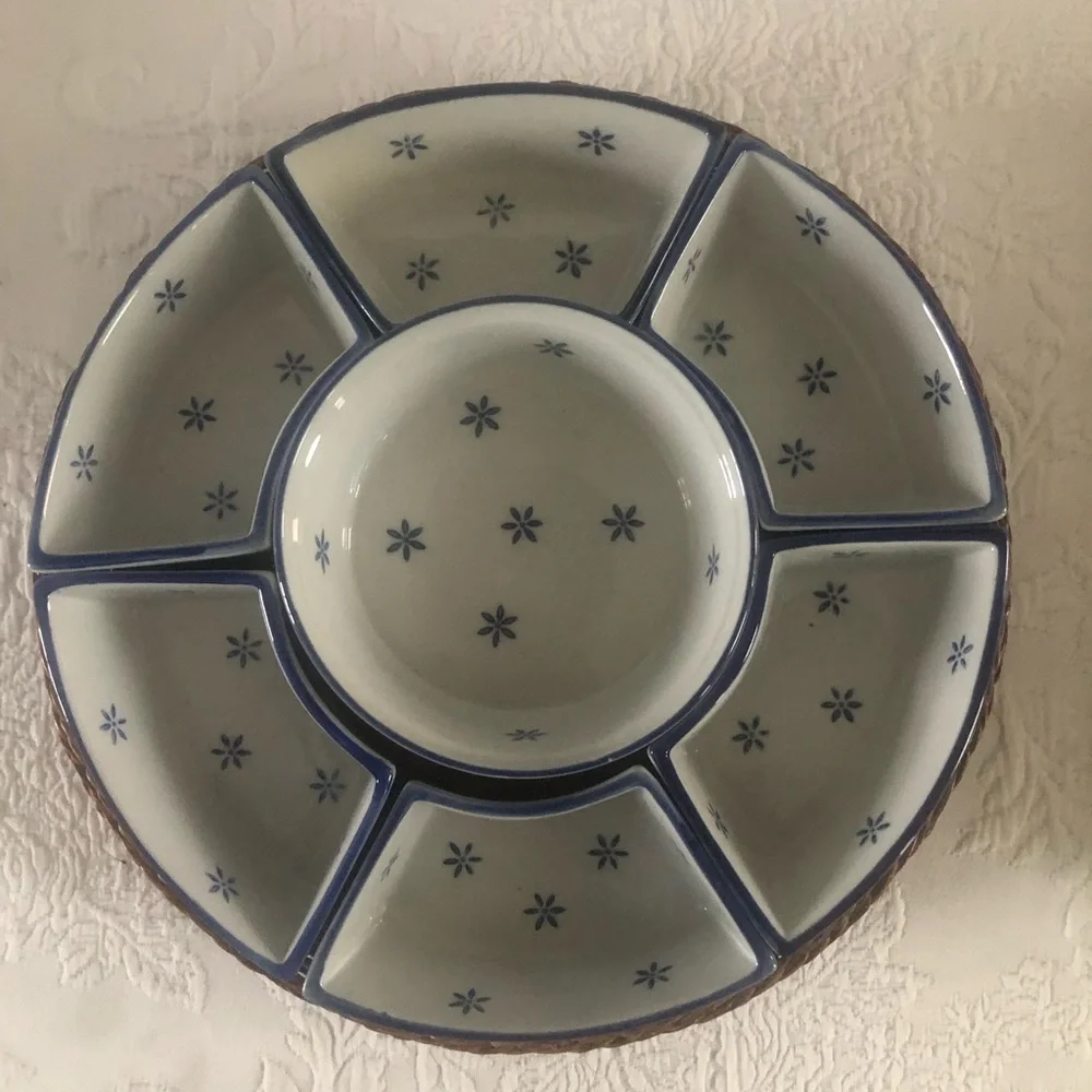 Blue and White Ceramic Divided Serving Tray with Wicker Base
